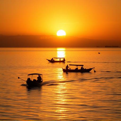 A beautiful sunset over Lake Victoria with traditional fishing boats silhouetted against the horizon.