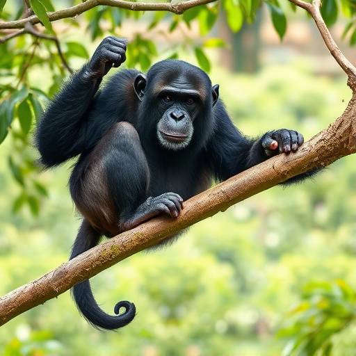 A chimpanzee sitting on a tree branch in Kibale National Park.