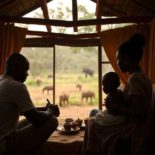 A family watching a video about Uganda's wildlife, with subtitles displayed.