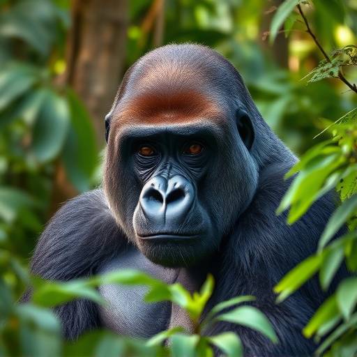 A silverback gorilla looking directly at the camera in the dense Bwindi Impenetrable Forest