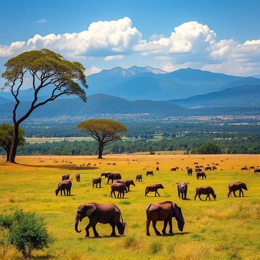 Panoramic view of Queen Elizabeth National Park with diverse wildlife grazing on the savanna and the Rwenzori Mountains in the background.