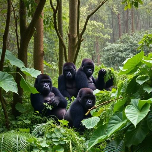 Picture of Bwindi Impenetrable National Park showcasing dense forest and a family of gorillas in their natural habitat.