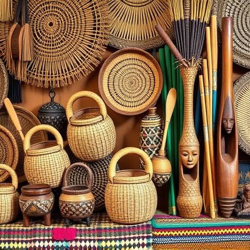 Selection of Ugandan crafts including baskets, carvings, and textiles